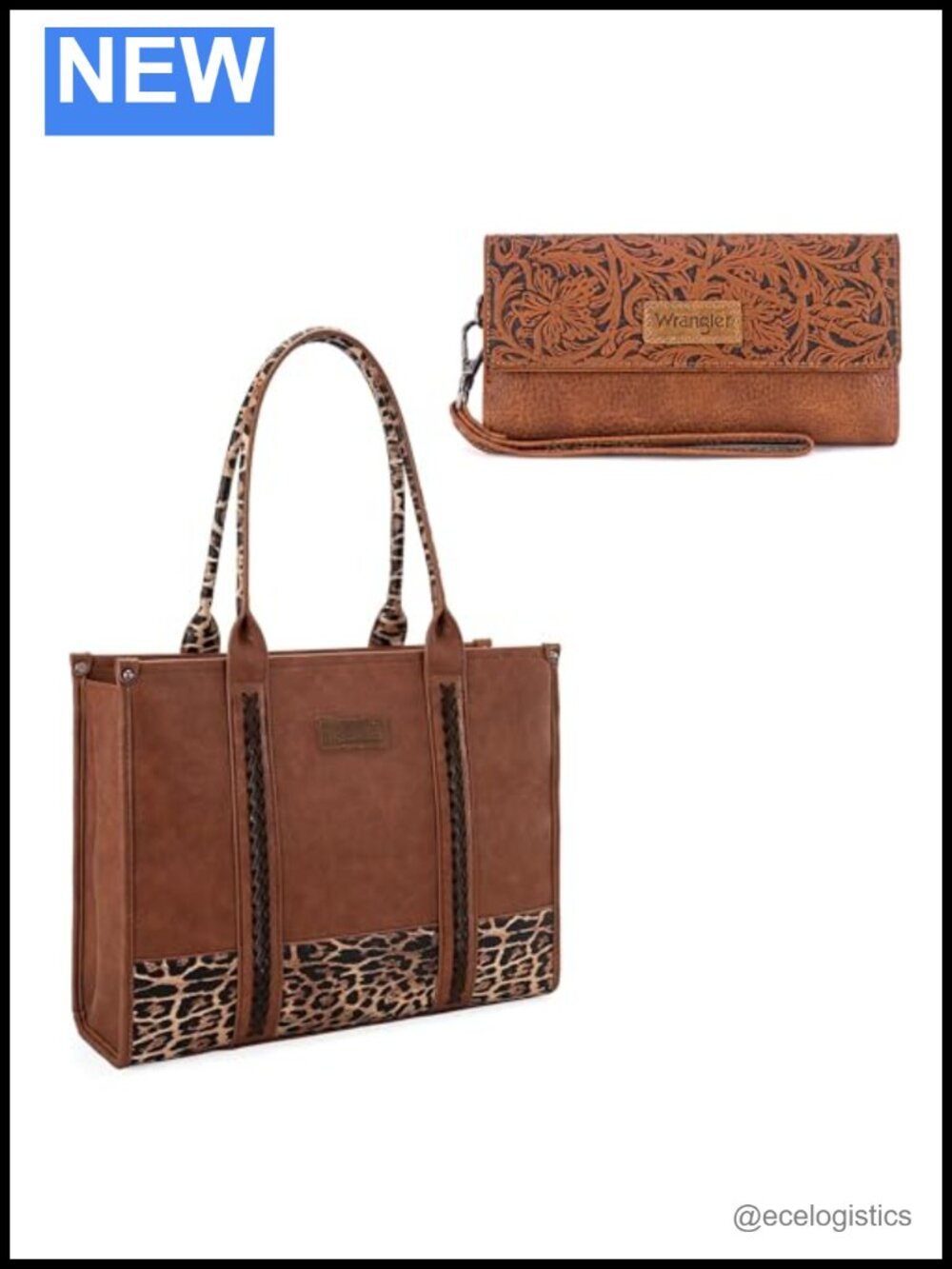 Wrangler Style Leopard Print Tote Handbag & Wallet Set Faux Leather